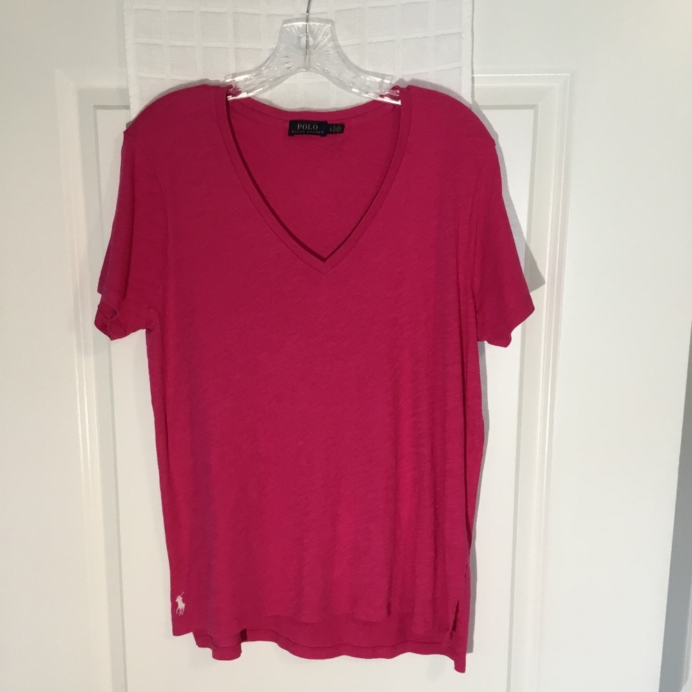 Polo Ralph Lauren Ladies V- Neck Tee Shirt Fuchsia Size L